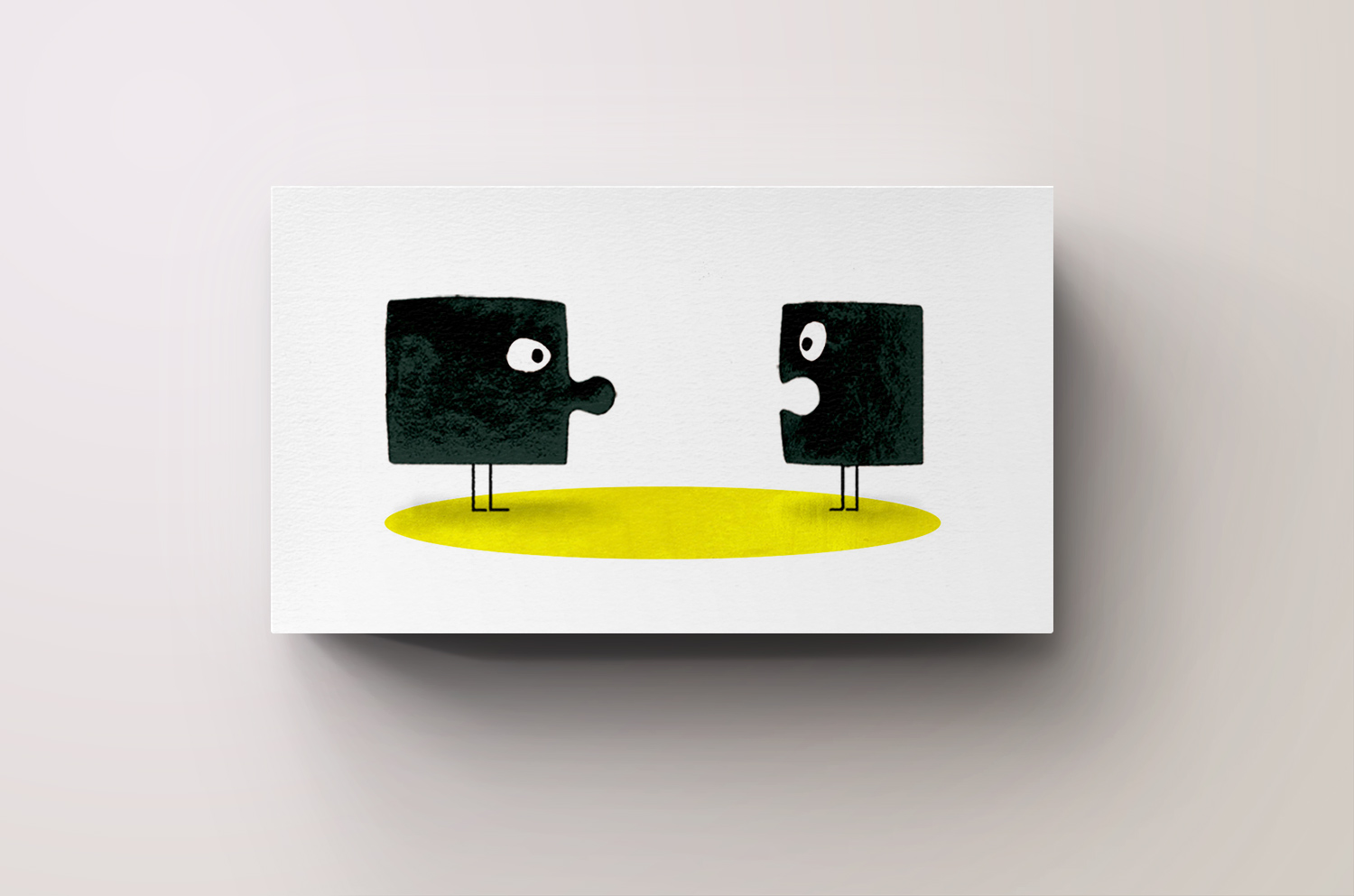 Two complementary pieces of puzzle with their own legs, looking at each other.