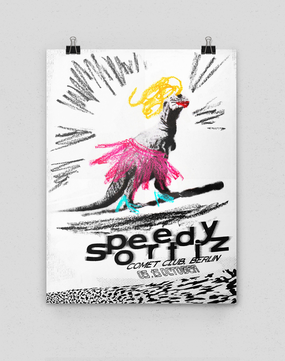 Punk-looking poster featuring a dinosaur with blond hair and a pink skirt, as if drawn by a child.